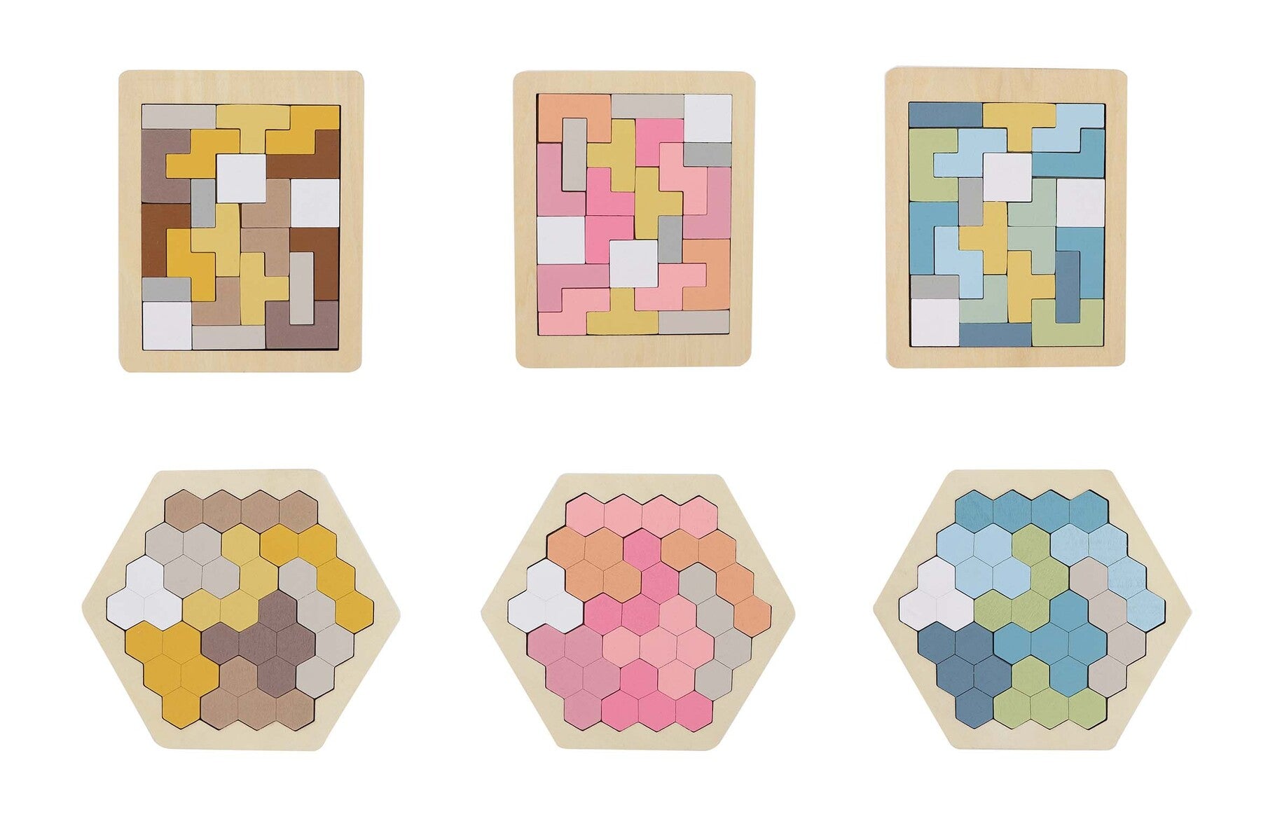 WOODEN HEXAGON & PENTOMINO BRAINTEASER PUZZLE PRICE FOR 6